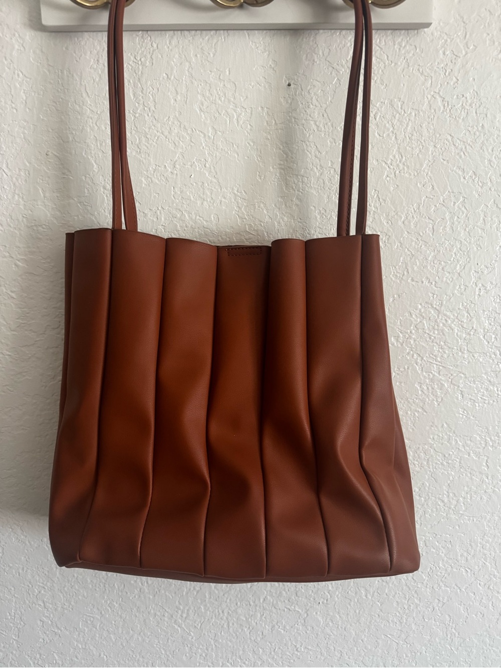 Brown Pleated Faux Leather Shoulder Tote Bag Minimalist